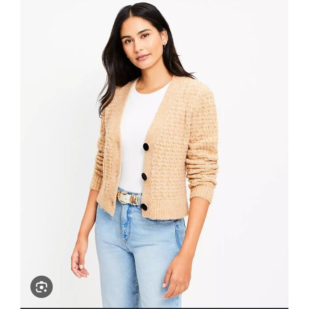 LOFT Womens Velvet Button Textured V Neck Cardigan Sz XL Camel Knit NWT Cozy